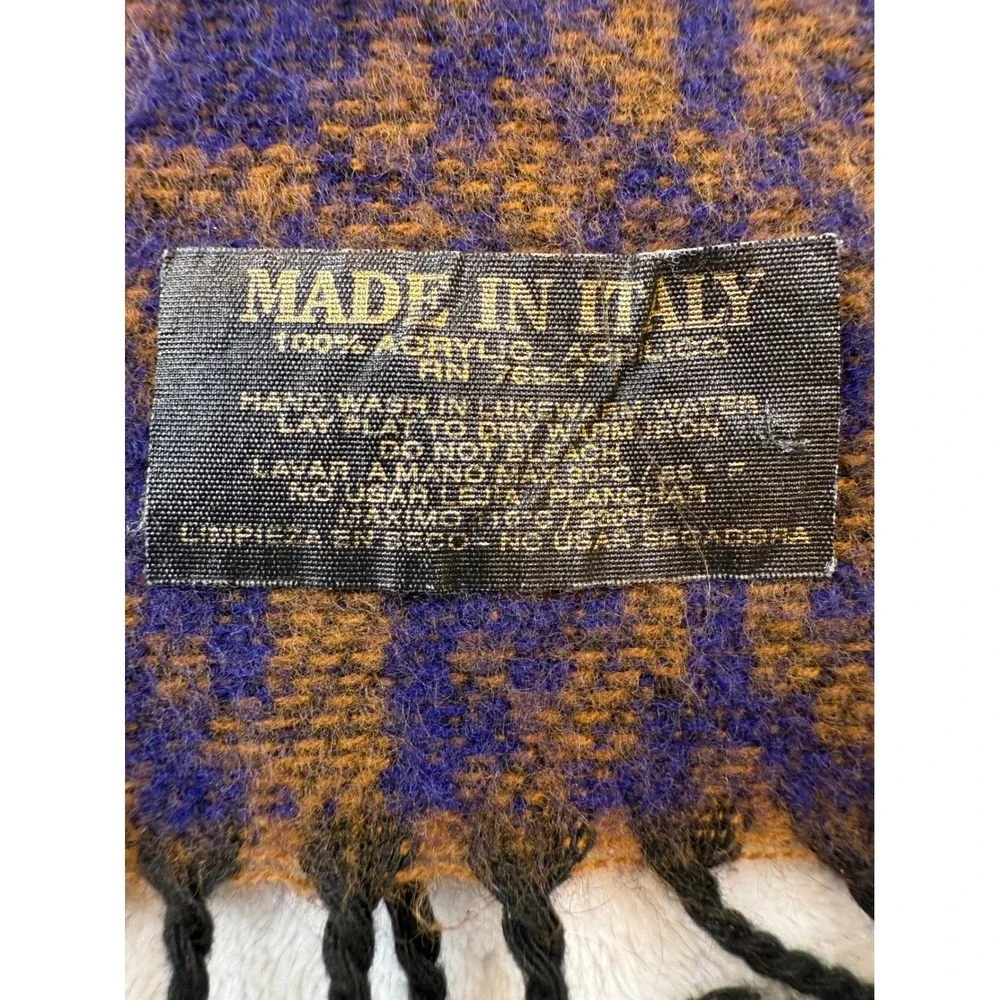 Striped Geometric Pattern Scarf Made in‎ Italy Acrylic Blue Brown Fringed